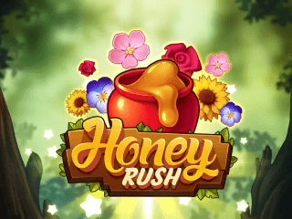 Ein von Blumen umgebener Honigtopf schwebt bei Honey Rush schwebt vor gruenem Hintergrund