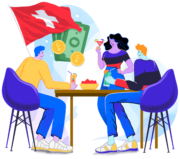 Drei Personen sitzen an einem Tisch mit einer Schweizer Flagge und Geld