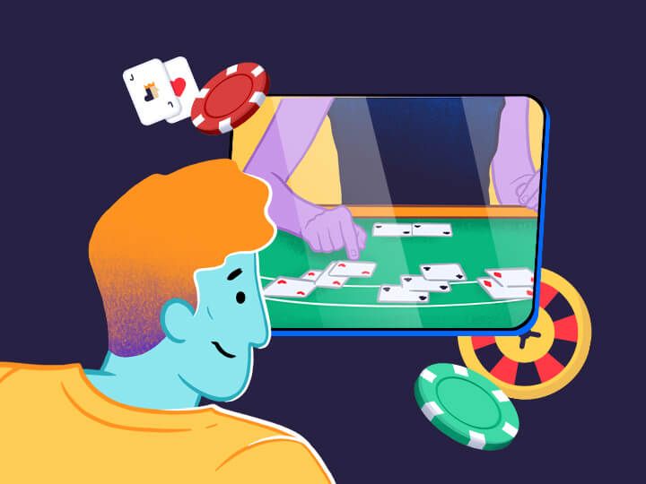 Spielfigur schaut auf einen live casino bildschirm