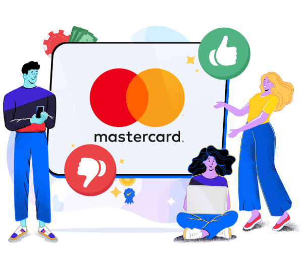 Drei Figuren stehen um ein Tablet, welches das Mastercard Logo aufzeigt