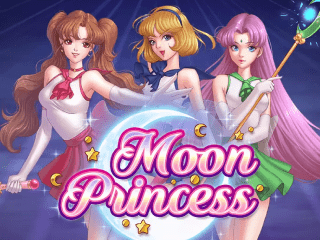 Drei Prinzessinnen, im Design der Sailor Krieger, stehen hinter dem rosa Schriftzug von Moon Princess