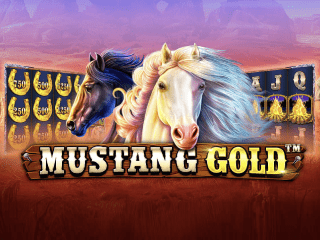 Zwei Pferde Koepfe ueberrragen Mustang Gold Schriftzug