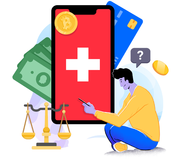Figur sitzt neben dem Handy mit Schweizer Flagge und liest das Gesetz