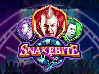 Gesicht von Peter Snakebite Wright aus drei Winkeln ueber seinem Logo Snakebite