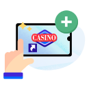 Ein Finger zeigt auf ein Smartphone mit einem Casino Schriftzug und grünen Pluszeichen