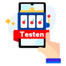 Ein Finger zeigt auf einen Spielautomaten, welcher das Wort Testen zeigt