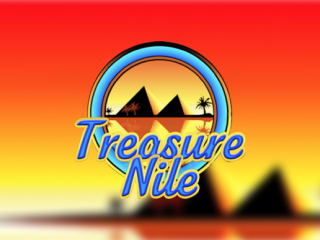 Schriftzug von Treasure Nile schwebt im roten Sonnenaufgang