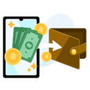 Geldscheine und goldene Muenzen sind auf dem Bildschirm eines Tablets. Ein weisser Pfeil fuehrt von den Geldscheinen auf eine Brieftasche.