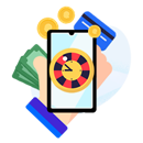 Ein Smartphone zeigt ein Roulette-Rad sowie Münzen, Geldscheine und eine Bankkarte.