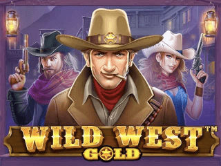 Zwei Cowboys und ein Cowgirl mit Revolvern hinter dem Wild West Gold Schriftzug