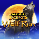 Wolf Run Mega Jackpots Slot Logo mit einem heulenden Wolf und einem Vollmond