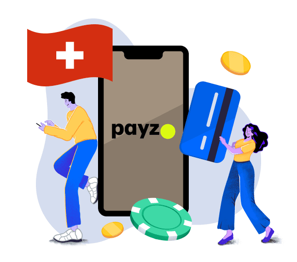 Zwei Figuren stehen  unterhalb einer Schweizer Flagge und neben einem grossen Smartphone, dass das Payz Logo zeigt.