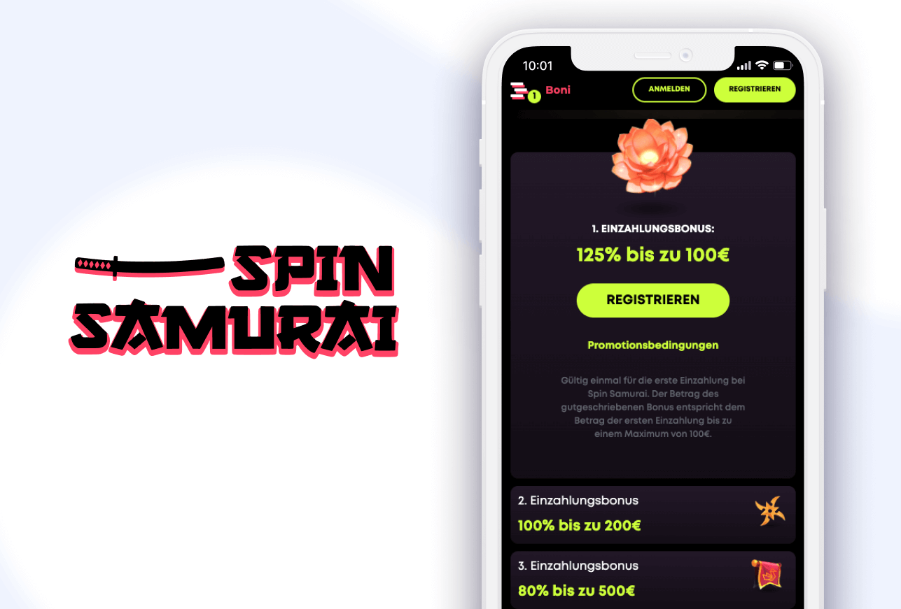 Smartphone mit Ersteinzahlungsbonus Vorschau und Spin Samurai Casino Logo