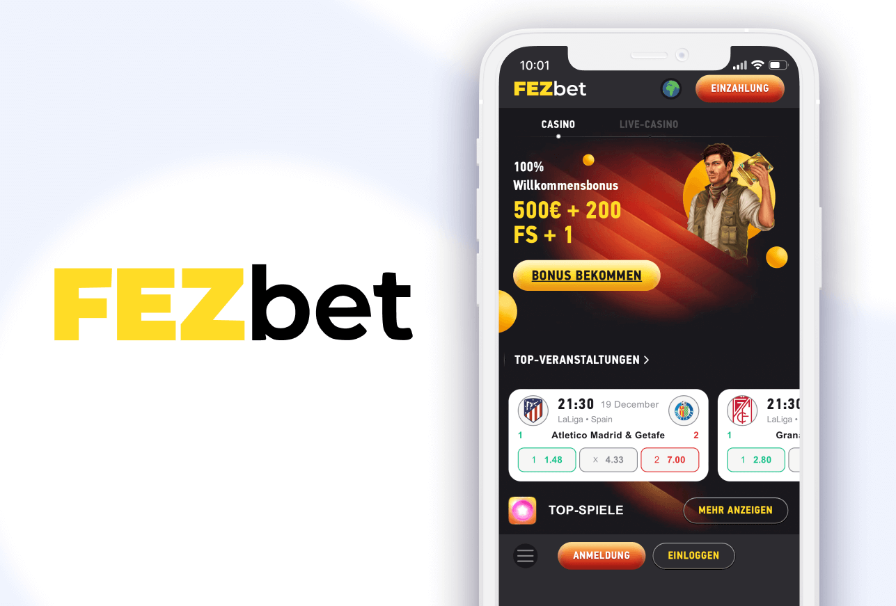 Smartphone mit Ersteinzahlungsbonus Vorschau und FEZbet Casino Logo