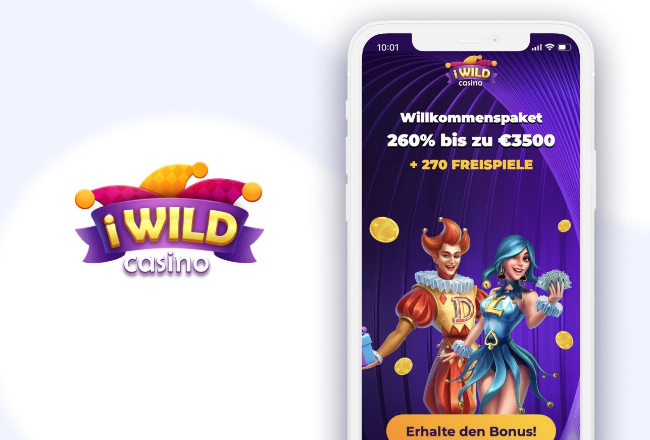 Smartphone mit Ersteinzahlungsbonus Vorschau und iWild Casino Logo