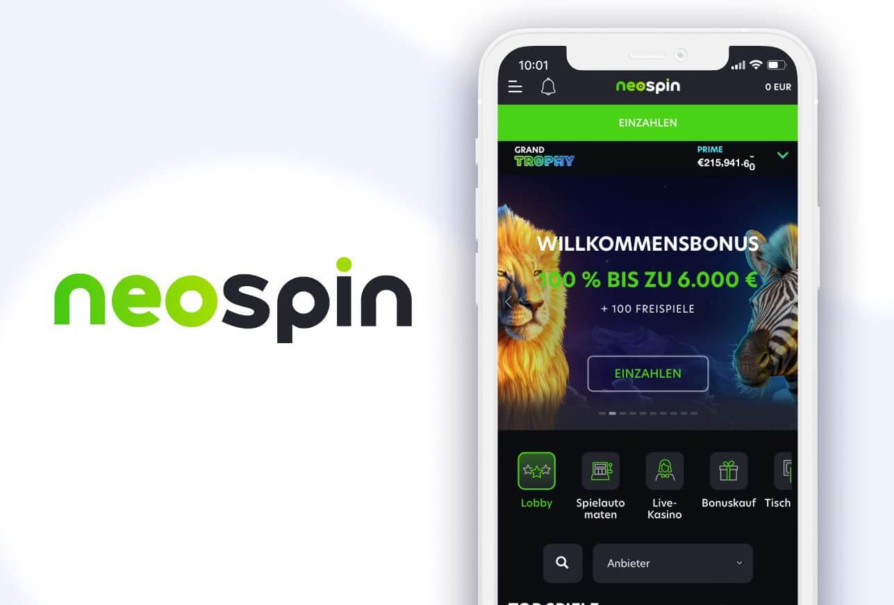 Ein Smartphone mit dem Willkommensbonus und dem Neospin Casino Logo.