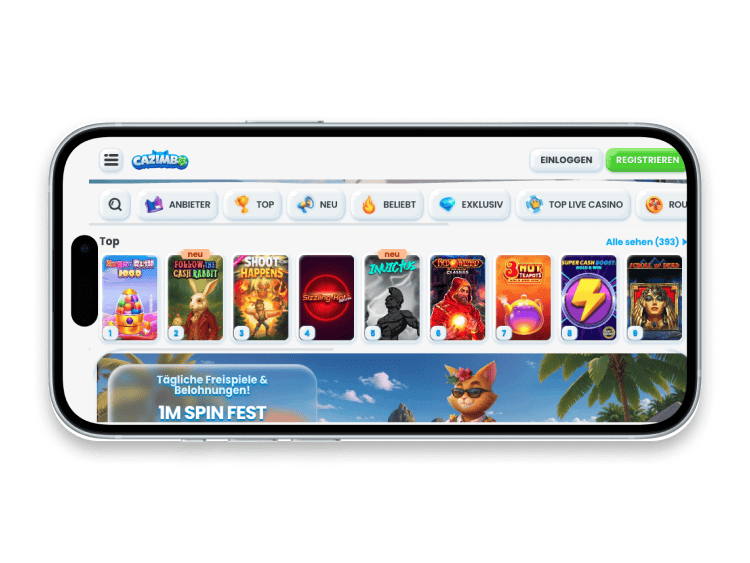 mobile phone in landscape mode showing cazimbo casino on its screen