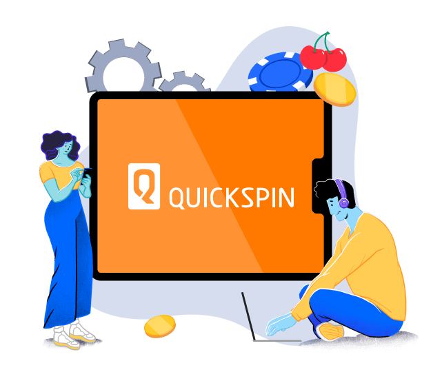 Eine stehende weibliche Figur mit Handy und eine sitzende männliche Figur mit Laptop neben einem grossen orange-weissen Quickspin Logo.