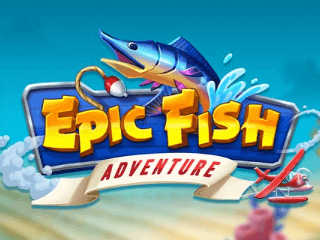 Epic fish Adventure Schriftzug mit einem blauen Fisch und vor einer Strand-Kulisse.