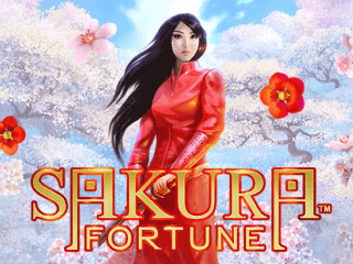 Eine asiatische Frau im roten Kleid steht vor Wolken und hinter dem Sakura Fortune Schriftzug.