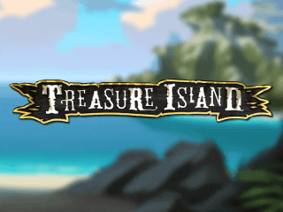 Treasure Island Schriftzug vor einem verschwommenen Hintergrund, der eine felsige Insel im Meer zeigt.