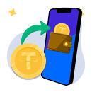 Ein Tether-Coin und grüner Pfeil, die auf ein Smartphone zeigen, das eine Wallet mit einem Tether-Coin abbildet.