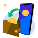 Ein Tether-Coin in einem Wallet und grüner Pfeil, die von einem Smartphone wegzeigen, das eine Tether-Coin abbildet.