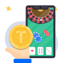 Ein Tether-Coin, der vor ein Smartphone gehalten wird, welches ein Roulette-Rad zeigt.