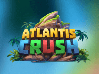 Atlantis Crush Logo vor einem Felsbrocken und Palmen.