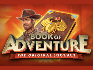 Book of Adventure Schriftzug mit einem Buch, das einen goldenen Adler zeigt und einem Forscher mit einem braunen Hut.