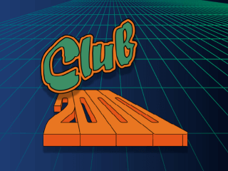Grün-orangenes Club 2000 Logo auf einem blauen Untergrund mit Neonkästchen.
