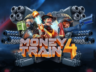 Drei Banditen, die von Waffen umzingelt sind und dem Money Train 4 Logo.