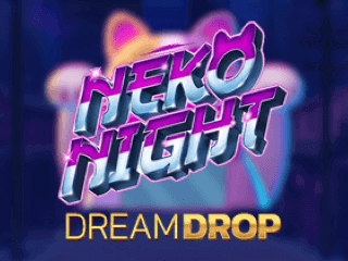 Das kursive und lila-farbene Neko Night Logo vor einer asiatischen Winkekatze.