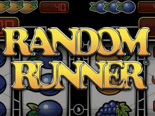 Gelber Random Runner Schriftzug mit einem Früchteslot-Raster im Hintergrund.