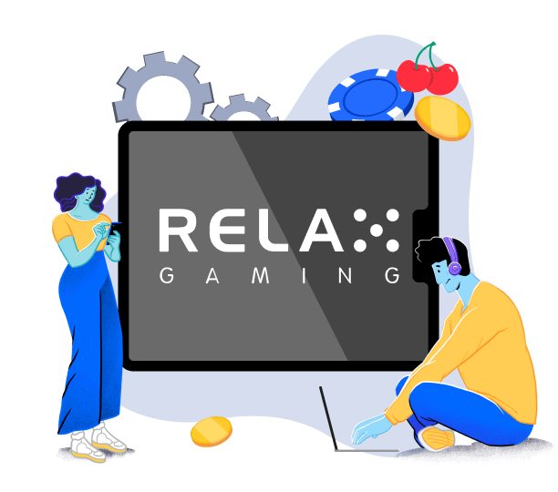 Eine stehende weibliche Figur mit Handy und eine sitzende männliche Figur mit Laptop neben einem grossen schwarz-weissen Relax Gaming Logo.