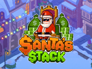 Santa's Stack Logo im Retrostil und einem Weihnachtsmann vor einer verschneiten Stadt.