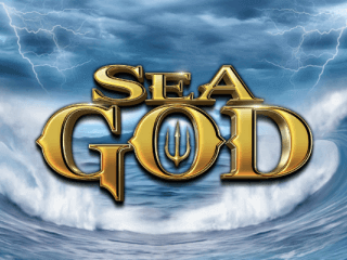Goldener Sea God Schriftzug vor einer stürmischen Welle.