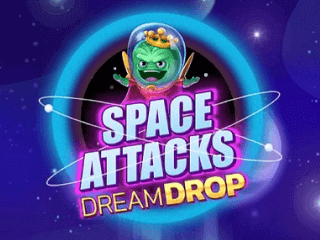 Das Space Attacks Logo in einem blauen Kreis und mit einem kleinen grünen Alien.