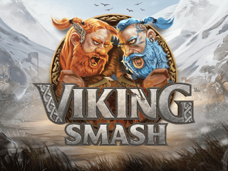 Grauer Viking Smash Schriftzug mit einem rotbärtigen und einem blaubärtigen Wikinger.