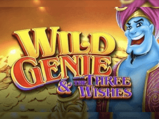 Geld-roter und lila Wild Genie & The Three Wishes Schriftzug neben einem blauen Genie.