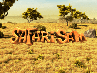 Orangener Safari Sam Schriftzug vor einer gelben Savanne.