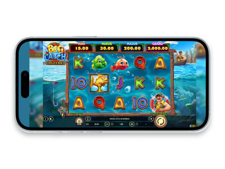 Ein Smartphone, das das 5x3 Raster mit Fischen und einem Angler zeigt.