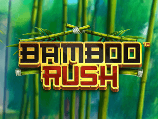 Schwarz-roten Bamboo Rush Schriftzug vor grünen Bambusstangen.