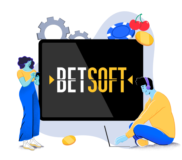 Eine stehende weibliche Figur mit Handy und eine sitzende männliche Figur mit Laptop neben einem grossen gelb-weissen Betsoft Logo.