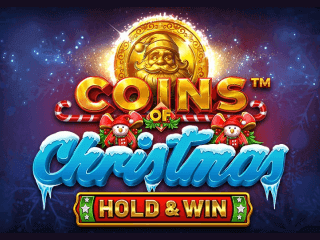 Gelb-blauer Coins of Christmas Hold & Win Schriftzug mit einer goldenen Münze, die den Weihnachtsmann zeigt.