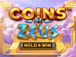 Gelb-blauer Coins of Zeus Hold & Win Schriftzug vor einem gelb-lila Parthenon.