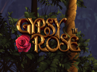 Goldener Gypsy Rose Schriftzug vor einem dunklen Wald und mit einer roten Rose.
