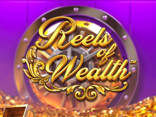 Gelber Reels of Wealth Schriftzug vor einem lila-silbernen Safe.