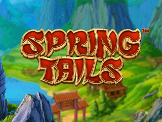 Roter Spring Tails Schriftzug vor einer grünen Comic-Landschaft.