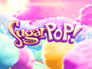 Gelb-rosa Sugar Pop Schriftzug vor einer blau-, rosa- und gelbfarbuígen Zuckerlandschaft.
